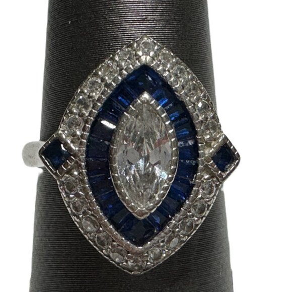 Art Deco Style Marquise Blue White Cubic Zirconia Cocktail Ring Sterling Size 7 - Picture 4 of 5